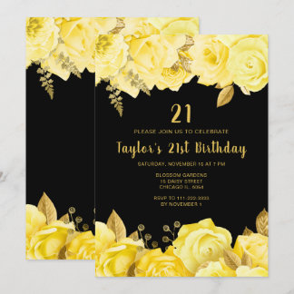 Elegante gelbe und goldene Blumen Geburtstagsfeier Einladung