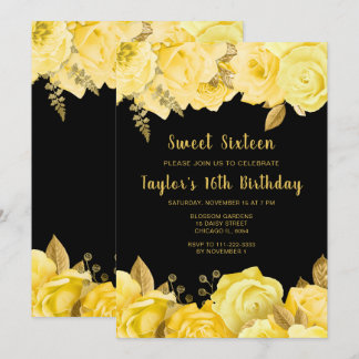 Elegante gelbe und goldene Blumen Sweet Sixteen Einladung