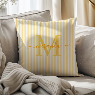 Elegante gelbe und weiße Streifen mit Monogramm-Na Kissen