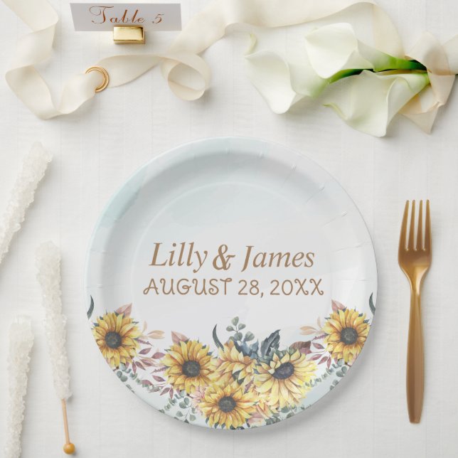 Elegante Gelbe Wasserfarbe Sonnenblume Pappteller (Hochzeit)