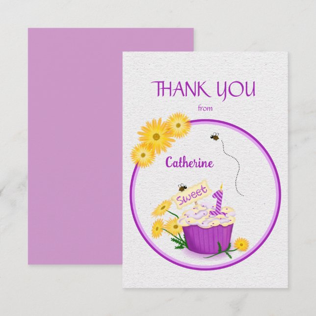 Elegante Gelbe Wildblume 1. Geburtstag Cupcake Dankeskarte (Vorne/Hinten)