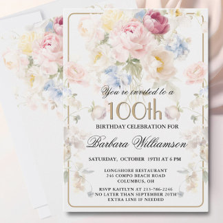 Elegante gemalte rosa Rose Blumen 100. Geburtstag Einladung