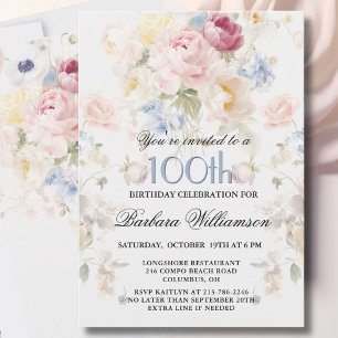 Elegante gemalte rosa Rose Blumen 100. Geburtstag  Einladung