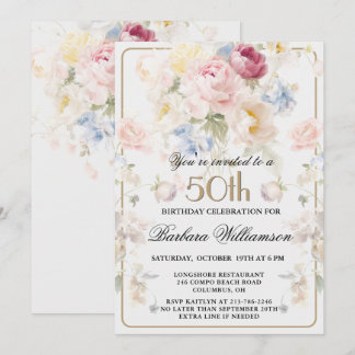 Elegante gemalte rosa Rose floral 50. Geburtstag Einladung