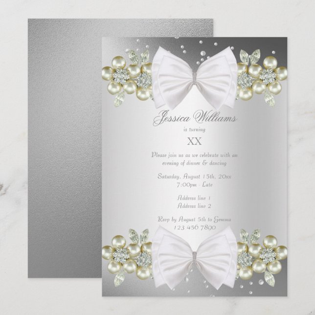 Elegante Gems & Bow Silver Geburtstag Einladung (Vorne/Hinten)