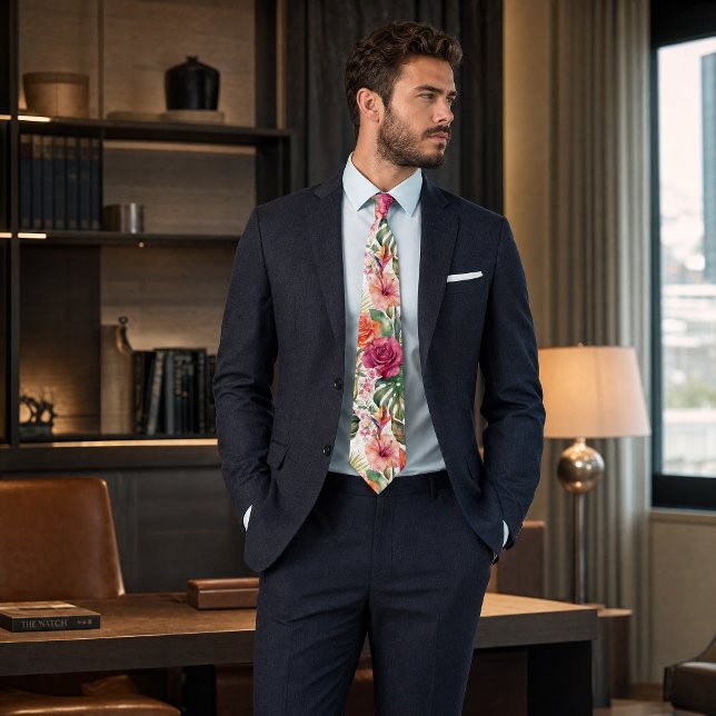Elegante gemusterte Krawatte – Luxuriöse moderne G (Tropical Floral Colorful | Hibiscus & Greener Neck Tie)