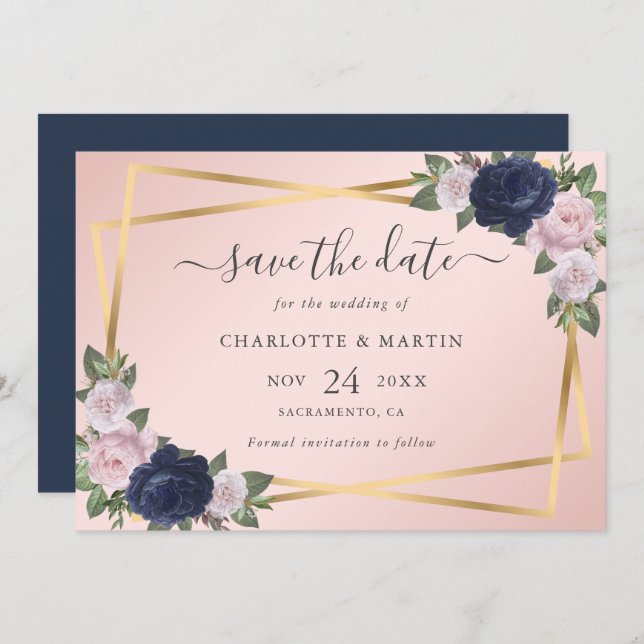 Elegante Geo Navy Blush Gold Botanische Hochzeit Save The Date (Vorne/Hinten)