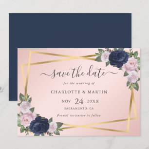 Elegante Geo Navy Blush Gold Botanische Hochzeit Save The Date
