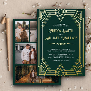 Elegante geometrische Art Deco Hochzeit Smaragd Go Folieneinladung