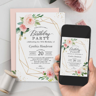 Elegante geometrische Blush Pink Bloral Geburtstag Einladung
