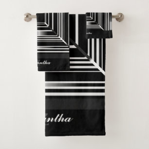 Elegante geometrische Quadrate mit Schwarz-weißen Badhandtuch Set