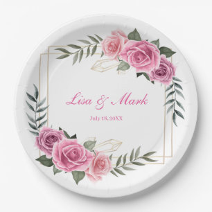 Elegante geometrische Rosa-Rose-Hochzeitspapier-Te Pappteller