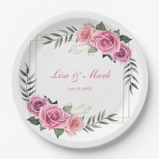 Elegante geometrische Rosa-Rose-Hochzeitspapier-Te Pappteller (Vorderseite)
