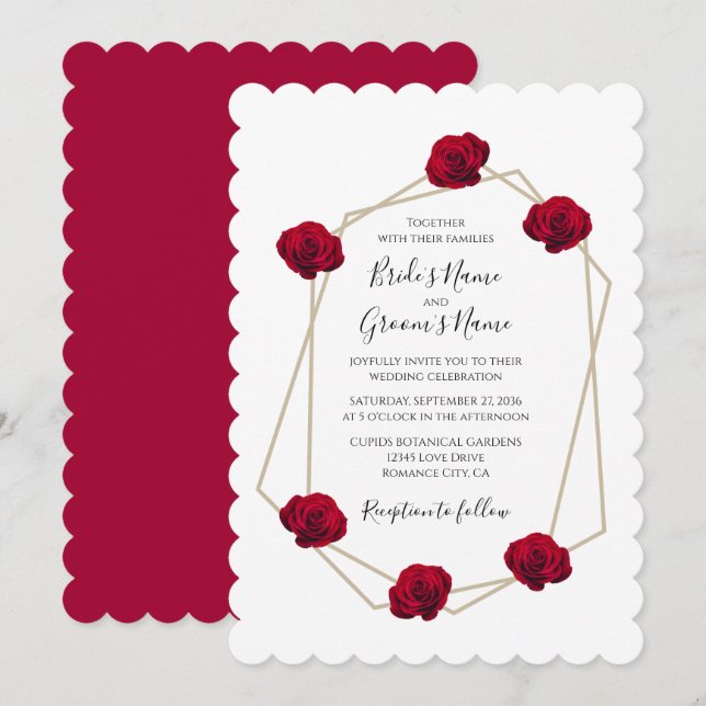 Elegante geometrische Rote Rose Hochzeitseinladung Einladung (Vorne/Hinten)