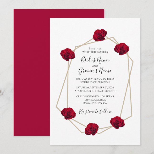 Elegante geometrische Rote Rose Hochzeitseinladung Einladung (Vorne/Hinten)