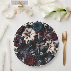 Elegante gepresste Herbstblumen dunkle Hochzeit Pappteller