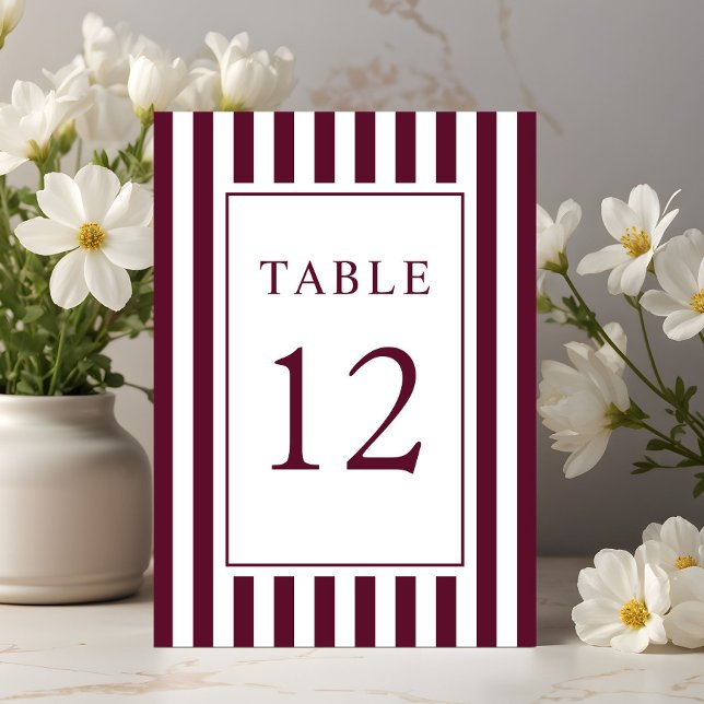 Elegante gestreifte burgunderrote Hochzeit Tischnummer (Elegant Striped Burgundy Wedding Table Number)