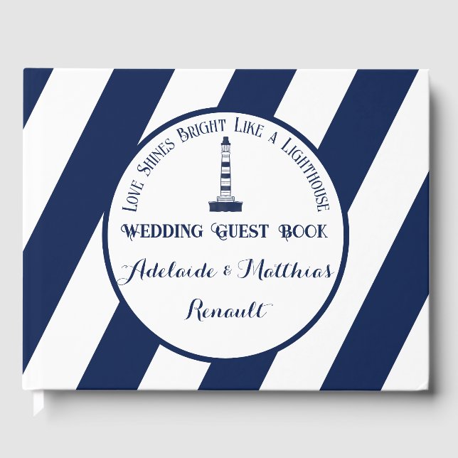 Elegante, gestreifte Hochzeit - Navy Blue, White Gästebuch (Vorderseite)