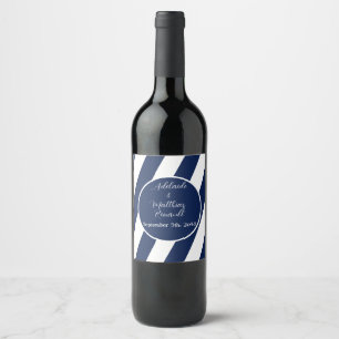 Elegante, gestreifte Hochzeit - Navy Blue, White Weinetikett