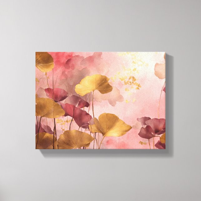 Elegante Ginkgo-Blätter in Rosa und Gold Leinwanddruck (Vorderseite)