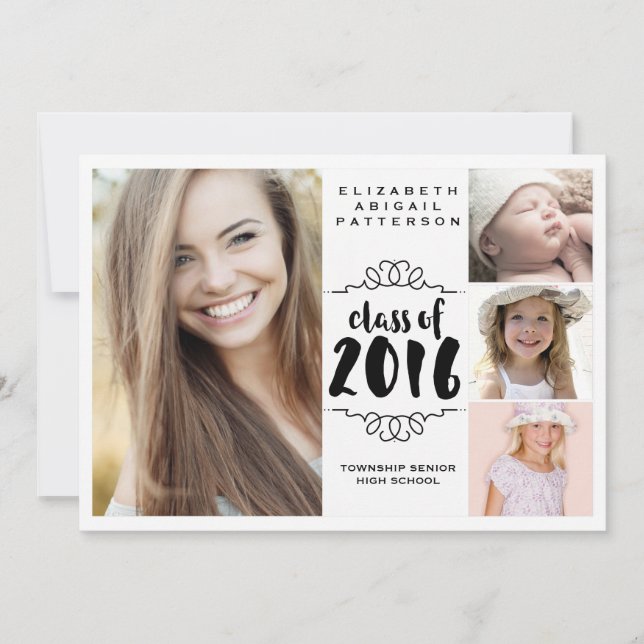 Elegante Girl 4 Foto Black & White Abschluss Einladung (Vorderseite)