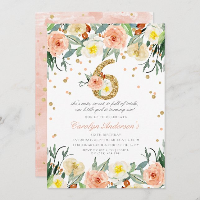 Elegante Girls 6. Geburtstag Einladungen (Vorne/Hinten)