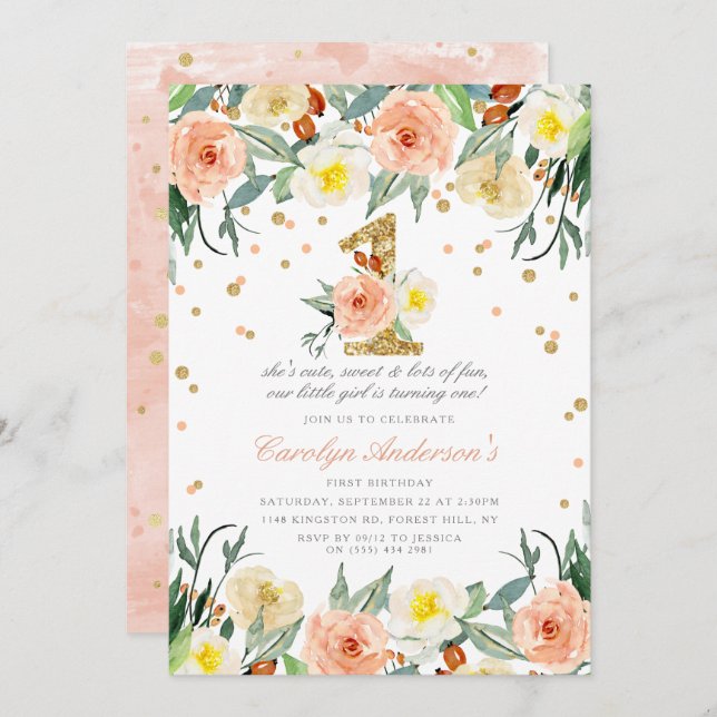 Elegante Girls zum 1. Geburtstag Einladungen (Vorne/Hinten)