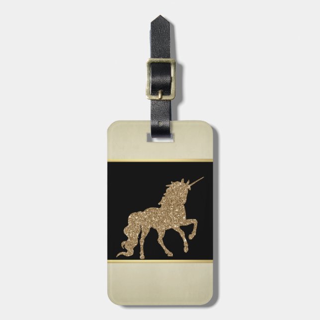 Elegante Girly, Black, Cream, Gold Glitzer Unicorn Gepäckanhänger (Vorderseite vertikal)