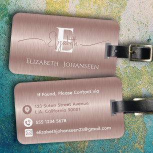 Elegante Girly Rose Gold Brushed Metal Mit Monogra Gepäckanhänger