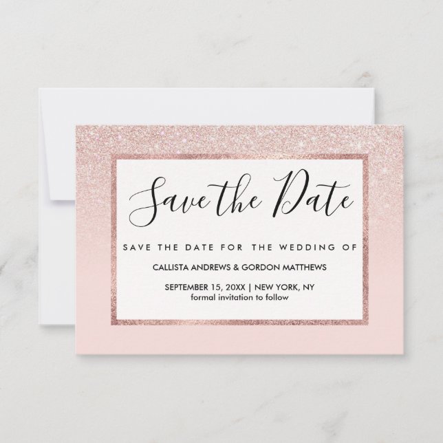 Elegante Girly Rose Gold Pink Glitzer Ombre Save The Date (Vorderseite)