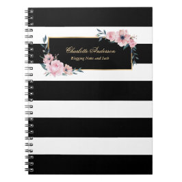Elegante Girly Schwarz-weiß Stripes Rosa Blütenfar Notizblock