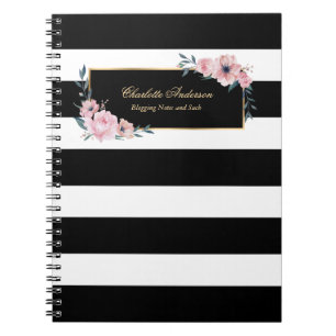 Elegante Girly Schwarz-weiß Stripes Rosa Blütenfar Notizblock