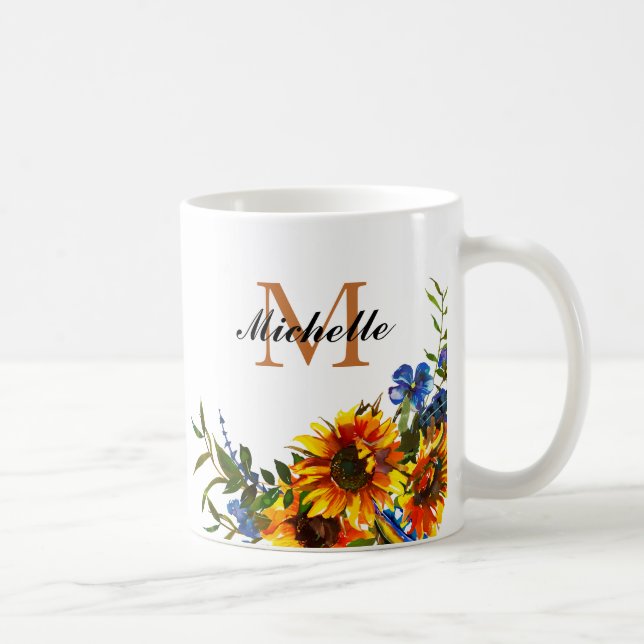 Elegante Girly Yellow Sunflower Name Monogram Tass Kaffeetasse (Rechts)