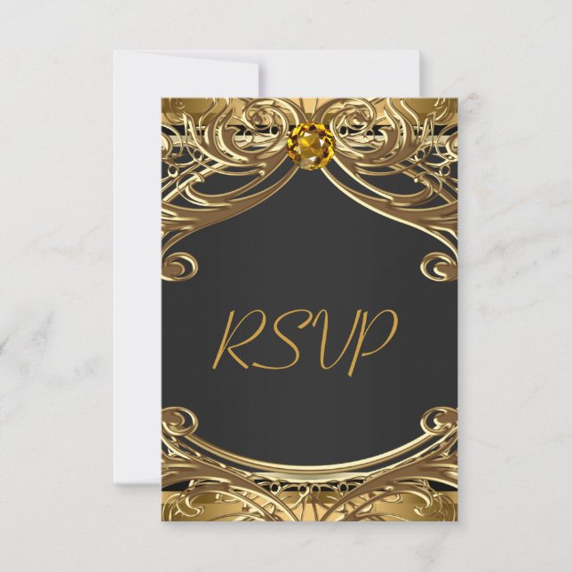 Elegante Glam Black and Gold Wedding RSVP Karte (Vorderseite)