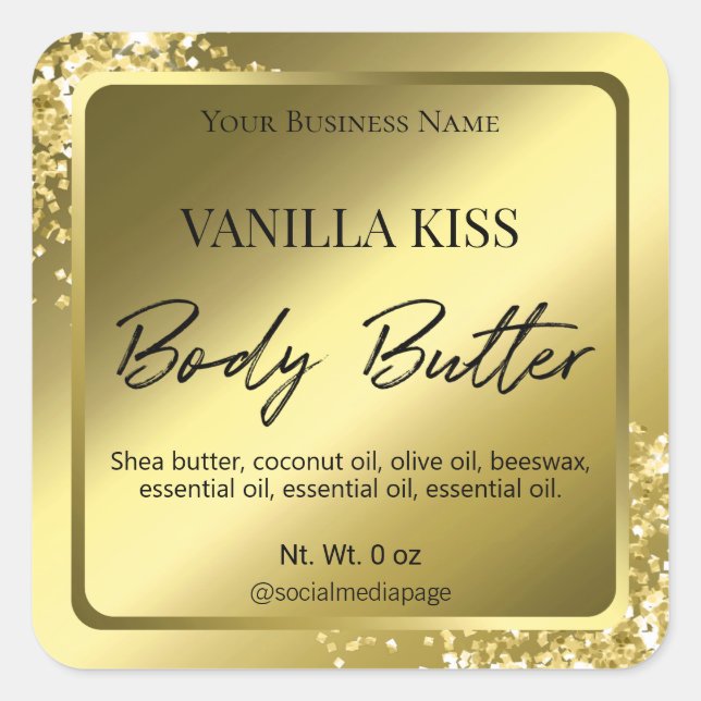 Elegante Glam Gold Body Butter Labels Quadratischer Aufkleber (Vorderseite)