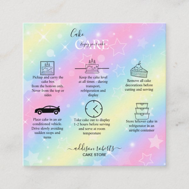 Elegante Glam Iridescent Sparkle Cake Care Square Quadratische Visitenkarte (Vorderseite)