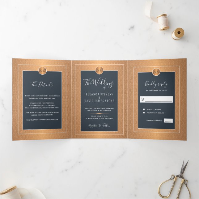 Elegante Glam Marine Kupfer Gold Einladung (Innenseite)