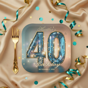 Elegante glamouröse Türkis-Kristall-40.-Geburtstag Pappteller