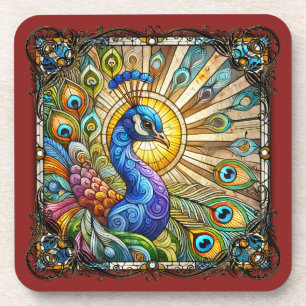 Elegante Glasmalerei-Pfau Art Nouveau Getränkeuntersetzer