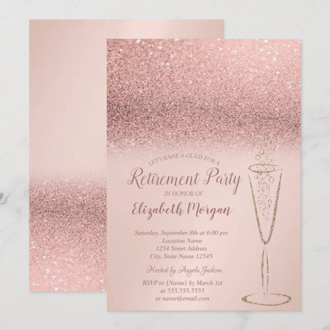 Elegante Glass Rose Gold Glitzer Bokeh Pension Einladung (Vorne/Hinten)