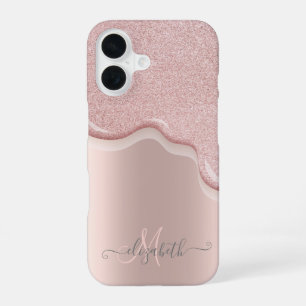 Elegante Glitter-Roségold-Tropfen Monogramm iPhone 16 Hülle