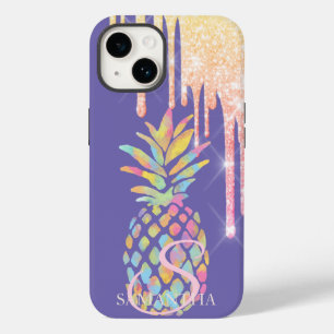 Elegante Glitter-Tropfen Bunter Ananas Lila Case-Mate iPhone 14 Hülle