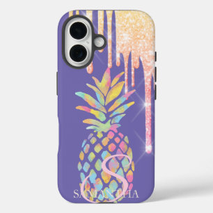 Elegante Glitter-Tropfen Bunter Ananas Lila iPhone 16 Hülle