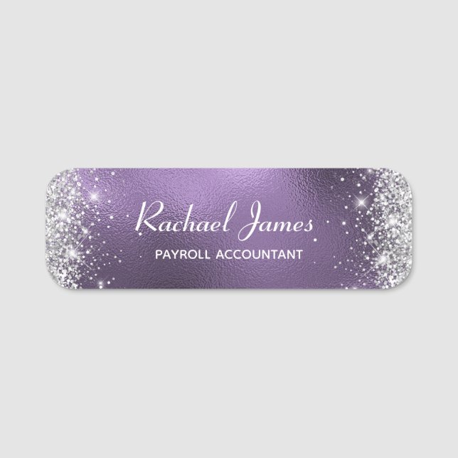 Elegante Glittery Lila Foil Name Tag Namensschild (Vorderseite)
