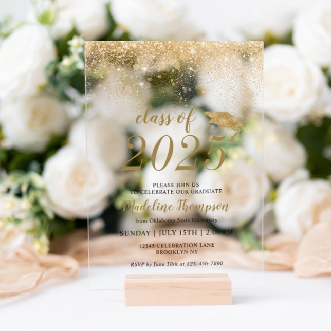 Elegante Glitzer Black Gold Hat Graduation Party Acryleinladungen (Von Creator hochgeladen)