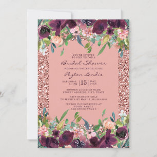 Elegante Glitzer-Burgunderrosa-Blumen-Brautparty Einladung