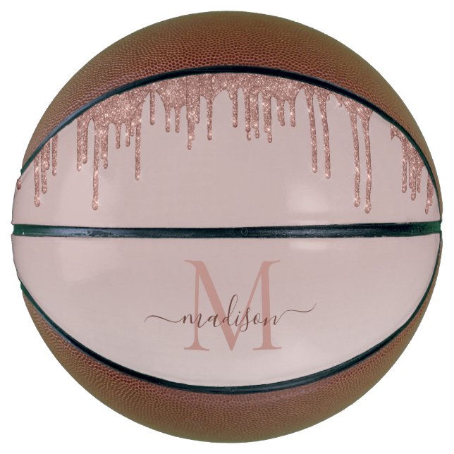 Elegante Glitzer Tropfen Rose Gold Monogram Script Basketball (Vorderseite)