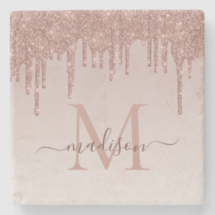 Elegante Glitzer Tropfen Rose Gold Monogram Script Steinuntersetzer