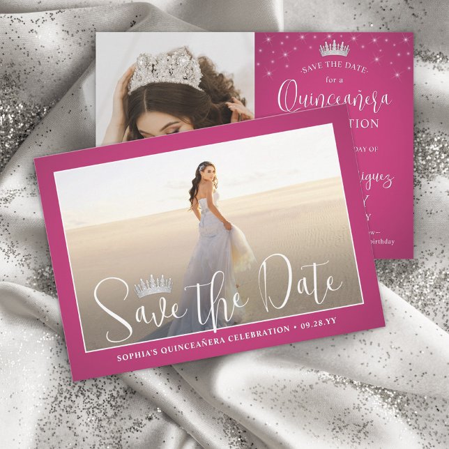 Elegante Glitzern Quinceañera 2 Foto Fuschia Pink Save The Date (Von Creator hochgeladen)