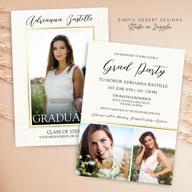 Elegante Gold 3 Foto Calligraphy Graduation Party Einladung (Elegant Cream and Gold Signature Graduation Invitation)